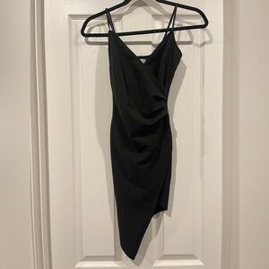 Asymmetrical Black Bodycon Midi Dress Adjustable Spaghetti Straps Honey & Rosie